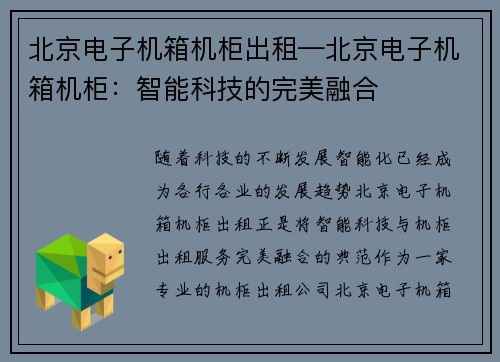 北京电子机箱机柜出租—北京电子机箱机柜：智能科技的完美融合